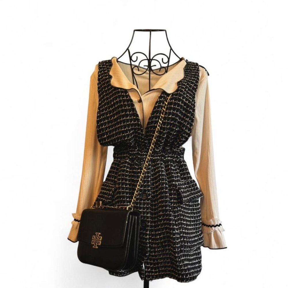 Zara Black and white tweed mini dress with button-up front pockets